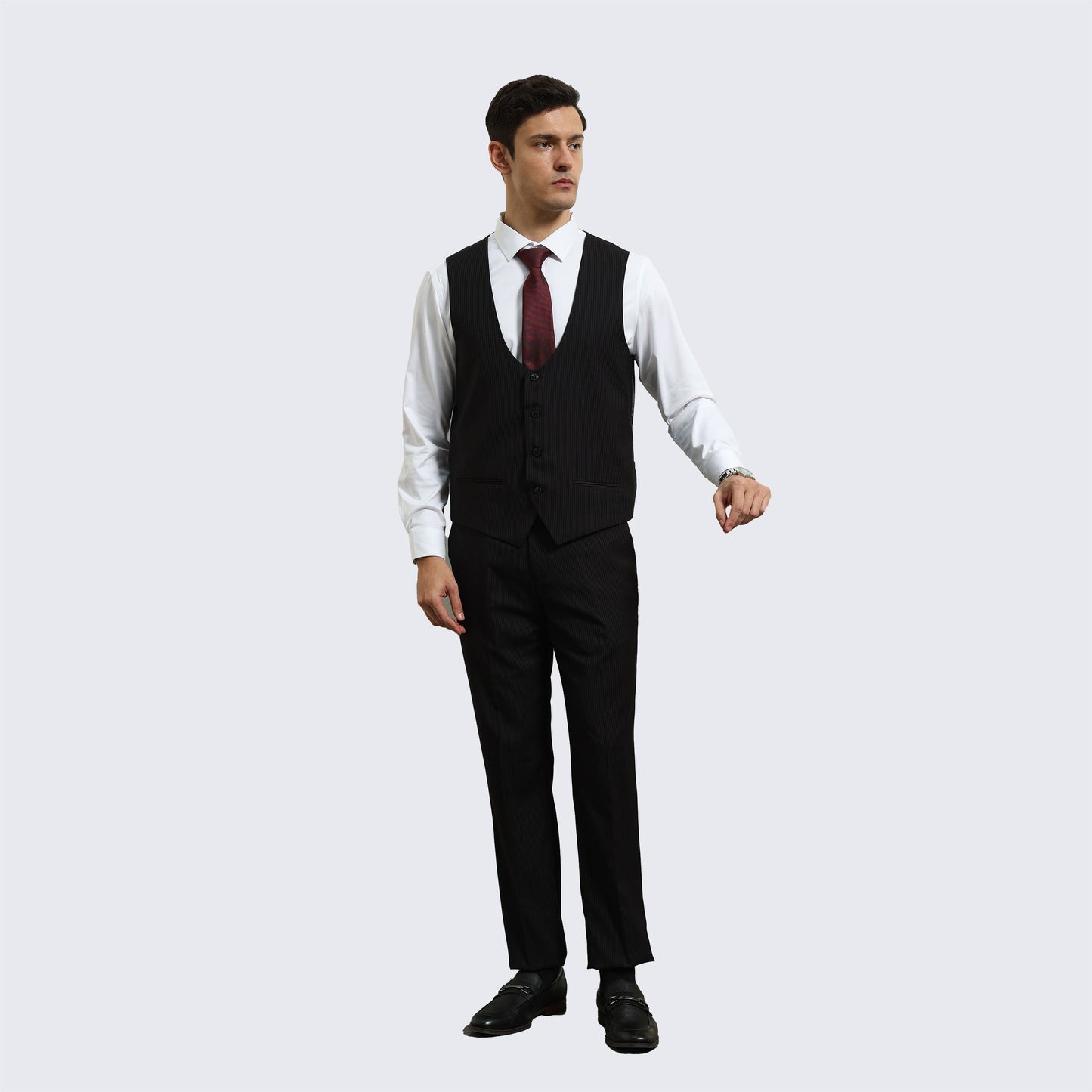 Black Pinstripe Three Piece Suit with Notch Lapel – Wedding & Prom