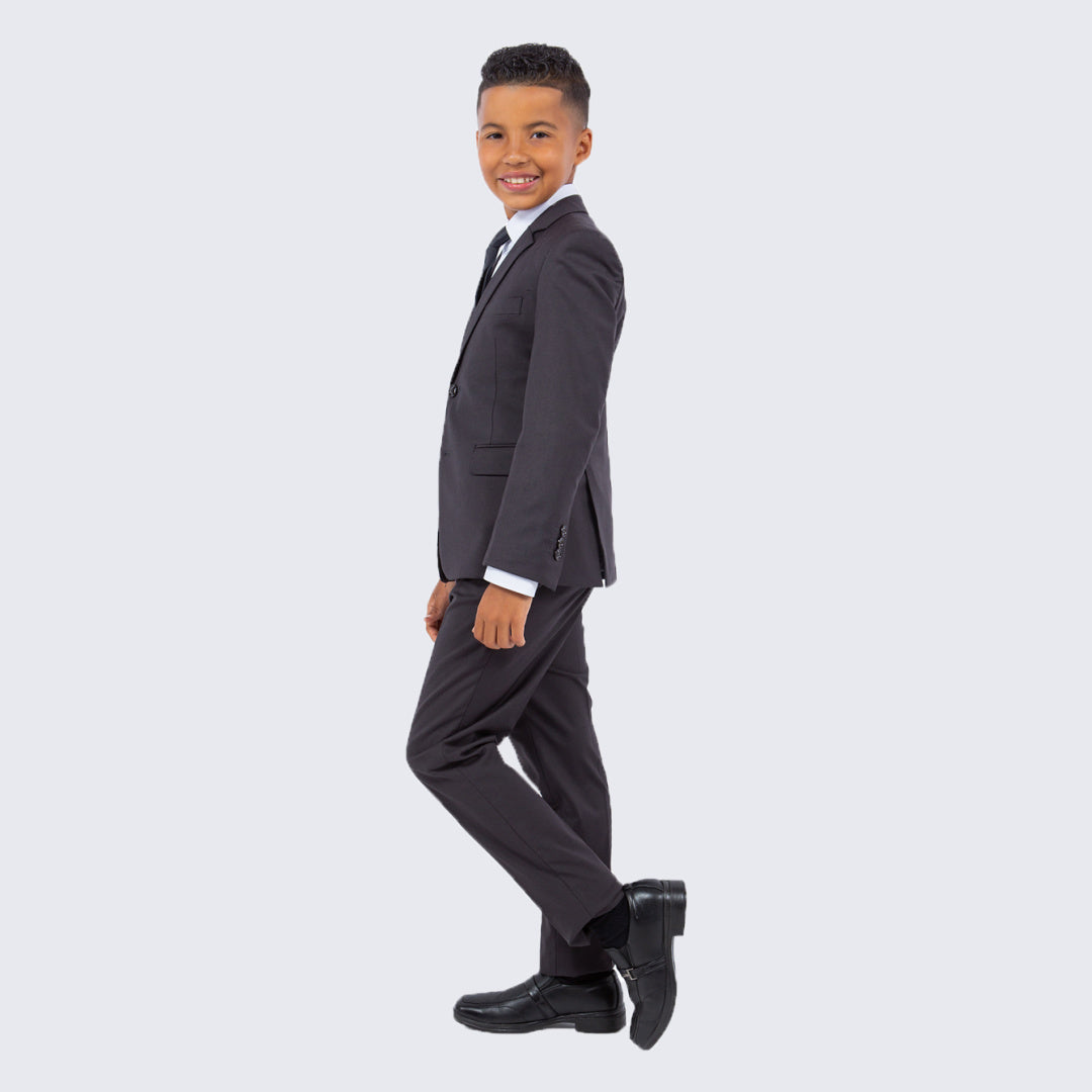 Boys Dark Gray Slim Fit 5-Piece Suit Set – Wedding & Ring Bearer