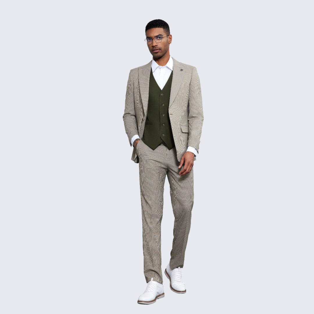 Men's Beige and Green Glen Plaid Suit Three Piece Set- Wedding - Prom