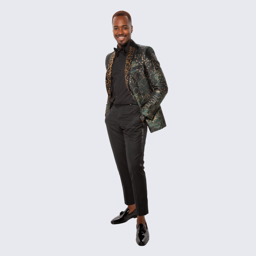 Dark Green & Gold Floral Tuxedo Jacket with Shawl Lapel – Wedding & Prom