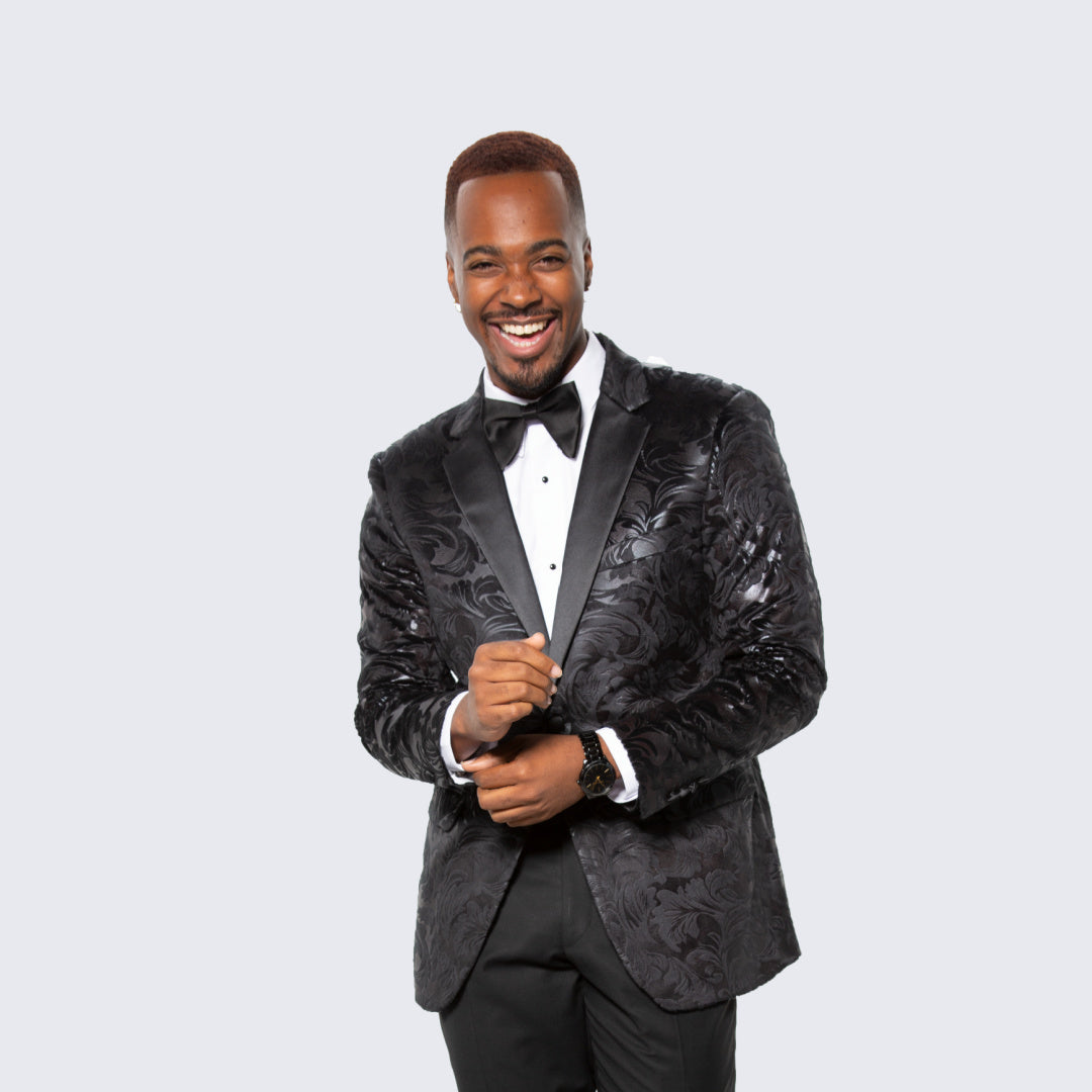 Black Paisley Tuxedo Jacket with Satin Notch Lapel – Hybrid Fit, Wedding & Prom