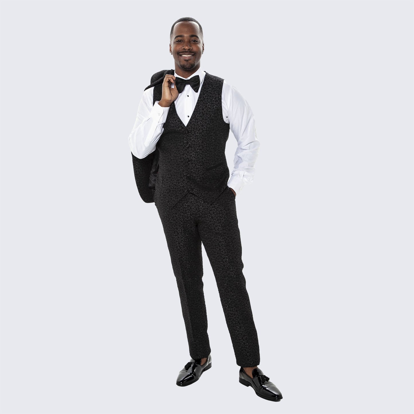 Men's Black Tuxedo with Floral Design Three Piece Set- Wedding - Prom