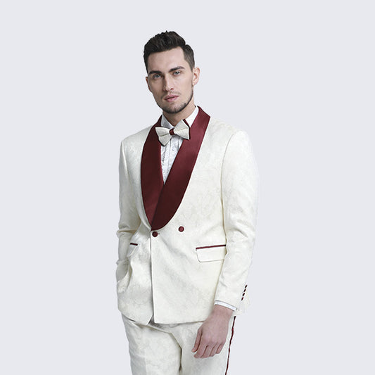 Ivory and Burgundy Tuxedo with Textured Paisley Design Two Piece Set - Wedding - Prom