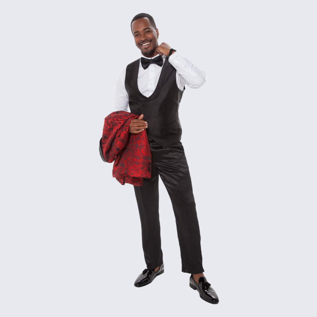 [DISCOUNTED] Red Tuxedo with Floral Design Four Piece Set - Limited Sizes