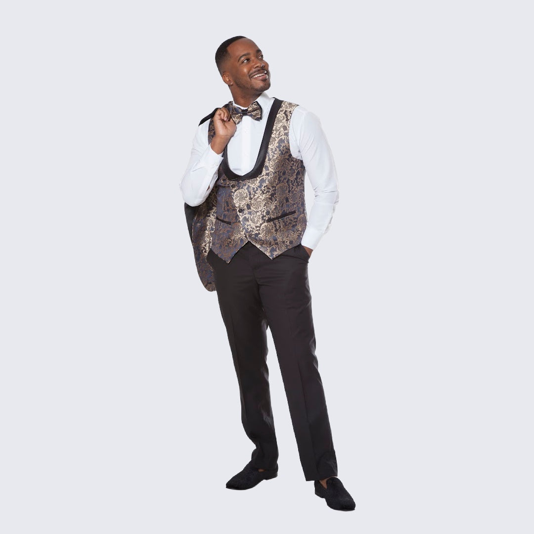 [DISCOUNTED] Blue Tuxedo with Gold Pattern Four Piece Set - Limited Sizes