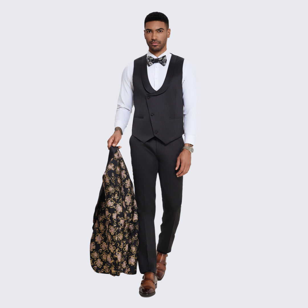 Men's Black and Rose Gold Tuxedo with Textured Floral Design- Wedding - Prom