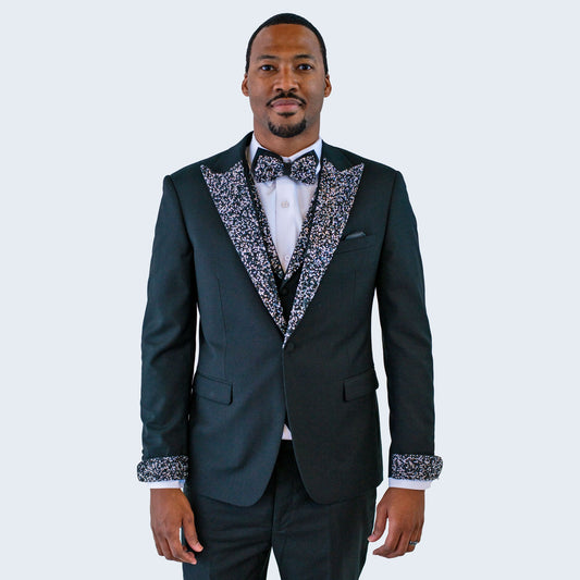 Black Tuxedo Stone Peak Lapel Four Piece Set  - Wedding - Prom