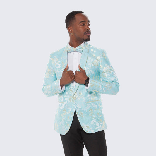 [DISCOUNTED] Mint and Yellow Floral Design Tuxedo Jacket Slim Fit - Limited Sizes