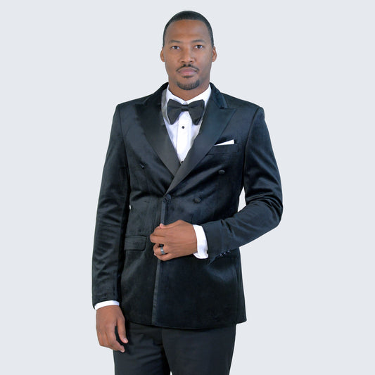 Black Velvet Tuxedo Jacket Double Breasted- Wedding - Prom