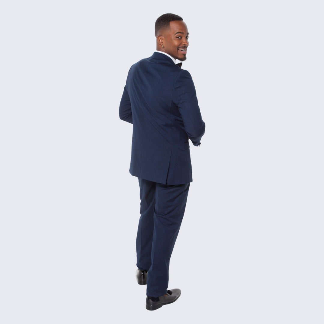 [DISCOUNTED] Navy Blue Textured Tuxedo Three Piece Set with Satin Trim -Limited Sizes