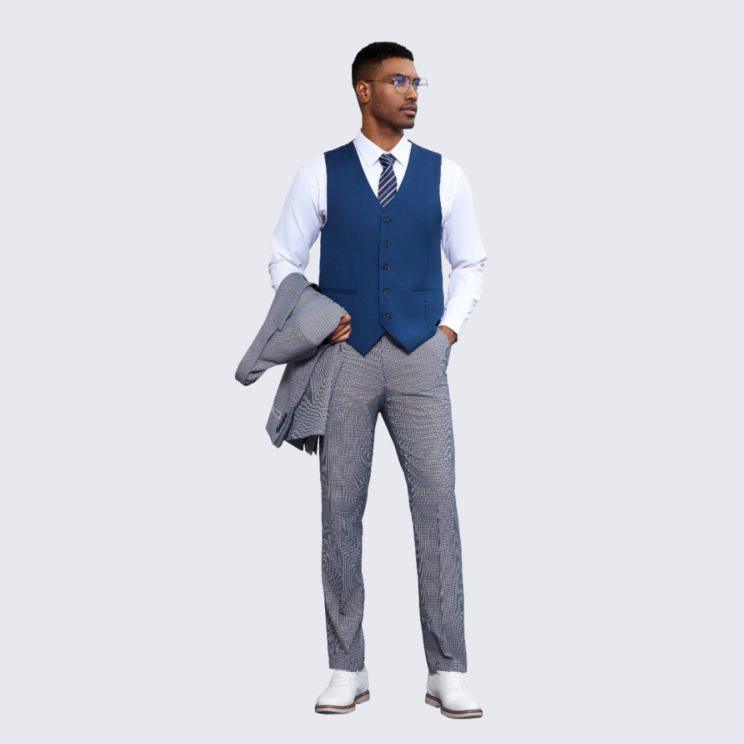 [DISCOUNTED]  Men's Blue and Grey Glen Plaid Suit Three Piece Set - Limited Sizes