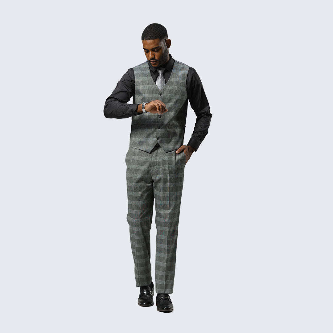 Grey Glen Check Three-Piece Suit with Peak Lapel – Wedding & Prom