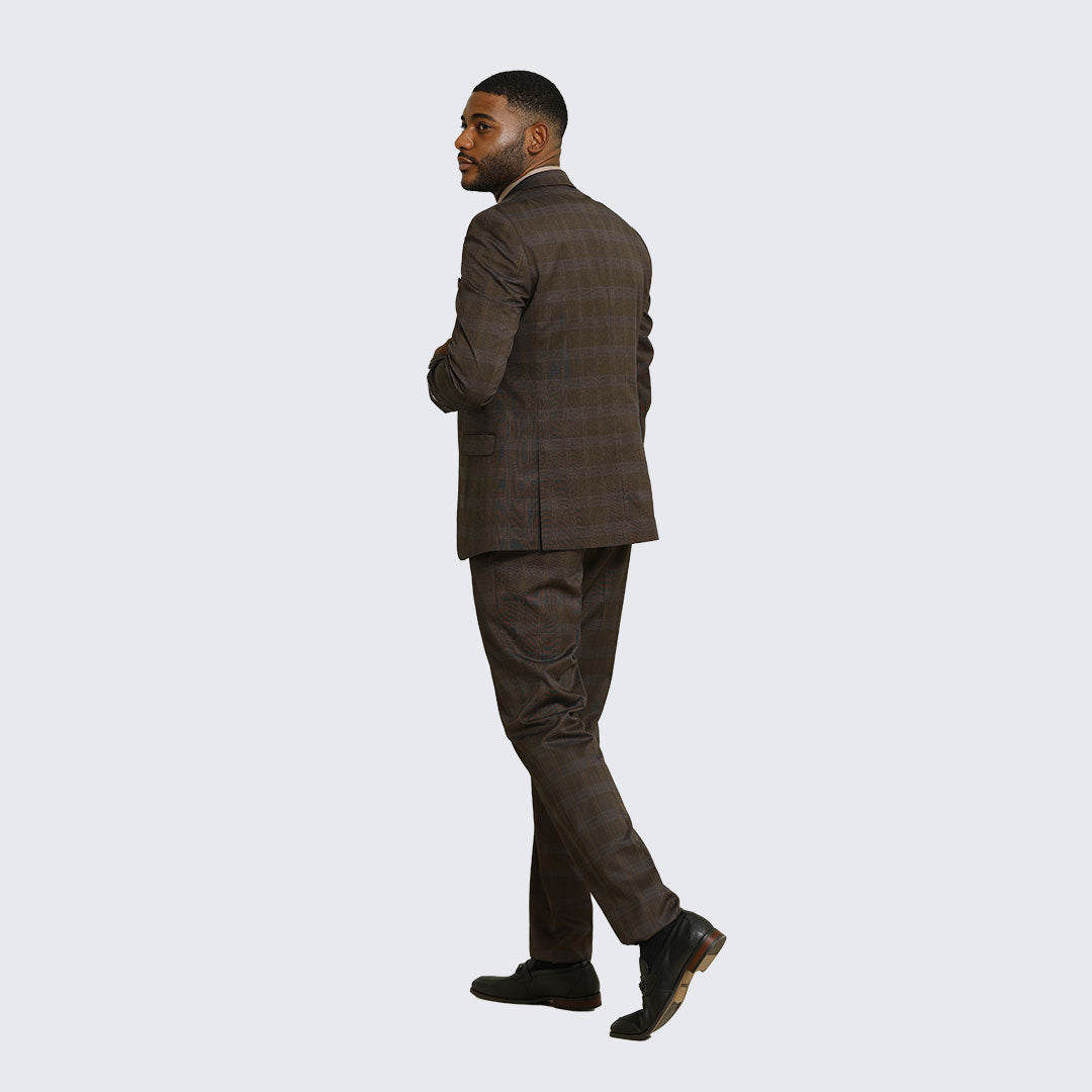 Brown Glen Check Three-Piece Suit with Peak Lapel – Wedding & Prom
