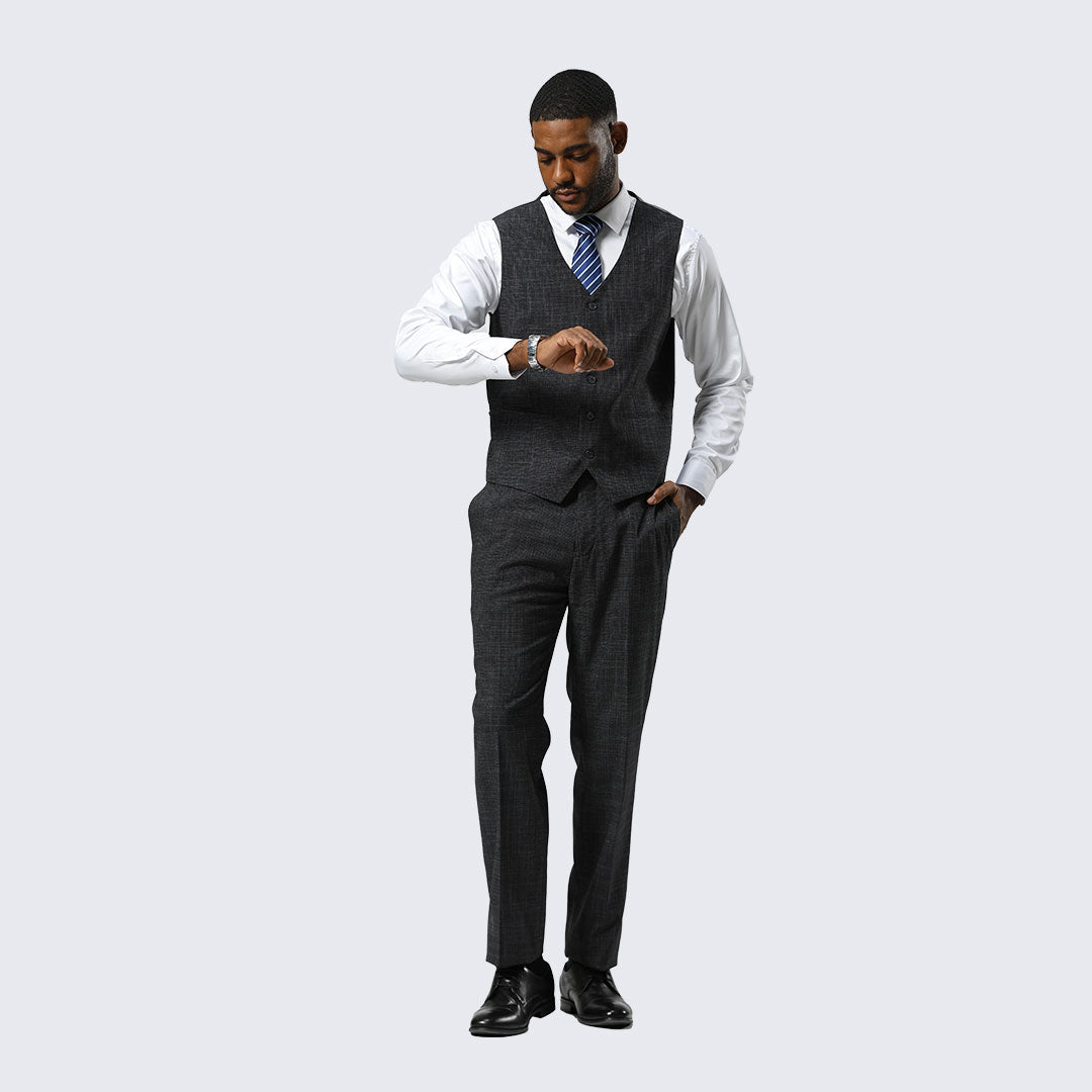 Charcoal Canvas-Print Three-Piece Suit with Peak Lapel – Wedding & Prom