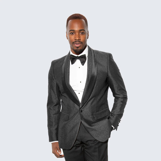Black Paisley Tuxedo Jacket with Satin-Framed Shawl Lapel – Wedding & Prom