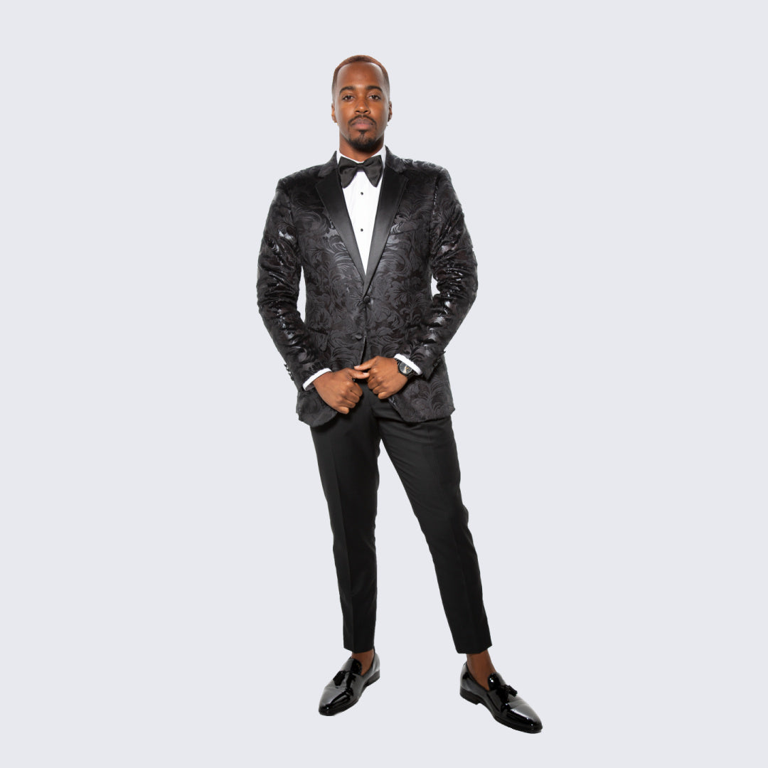 Black Paisley Tuxedo Jacket with Satin Notch Lapel – Hybrid Fit, Wedding & Prom