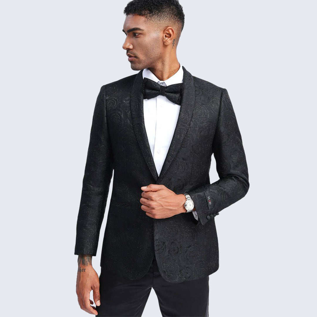 [DISCOUNTED] Black Tuxedo Jacket Floral Pattern with Shawl Lapel - Limited Sizes