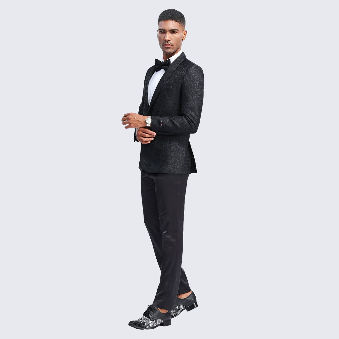 [DISCOUNTED] Black Tuxedo Jacket Floral Pattern with Shawl Lapel - Limited Sizes
