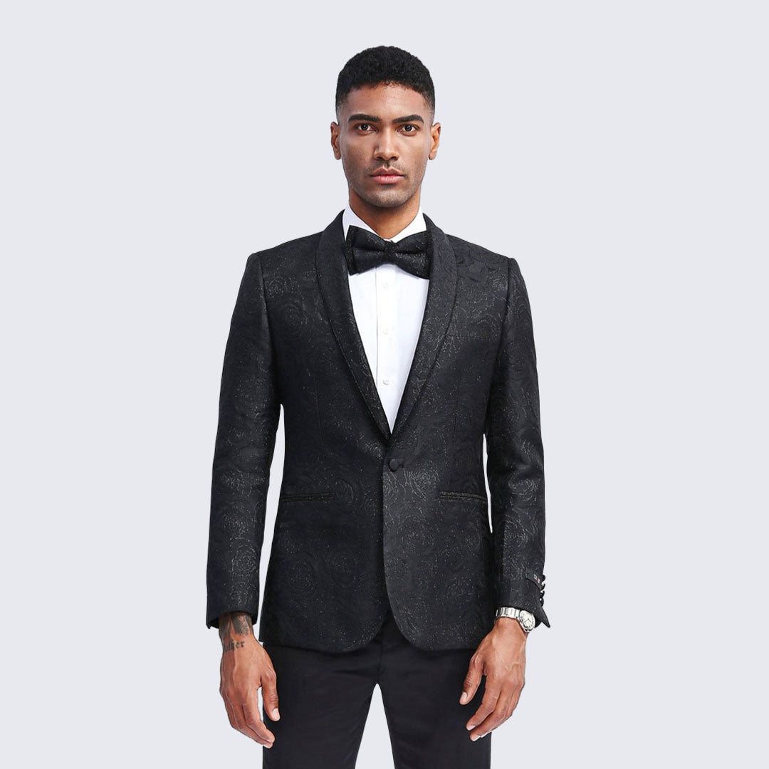[DISCOUNTED] Black Tuxedo Jacket Floral Pattern with Shawl Lapel - Limited Sizes